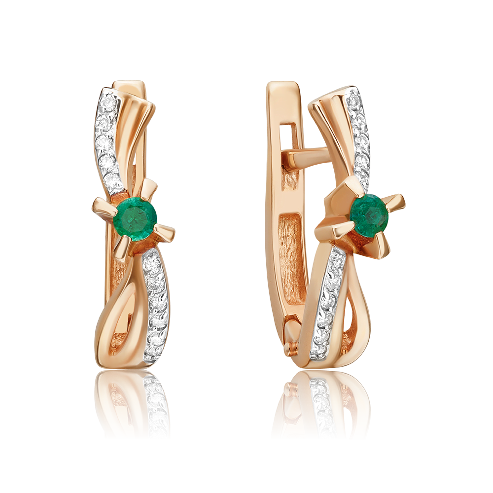 Серьги с английским замком из красного золота с изумрудом и бриллиантами 02-0029-00-106-1110-30