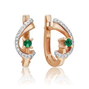 Серьги с английским замком из красного золота с изумрудом и бриллиантами