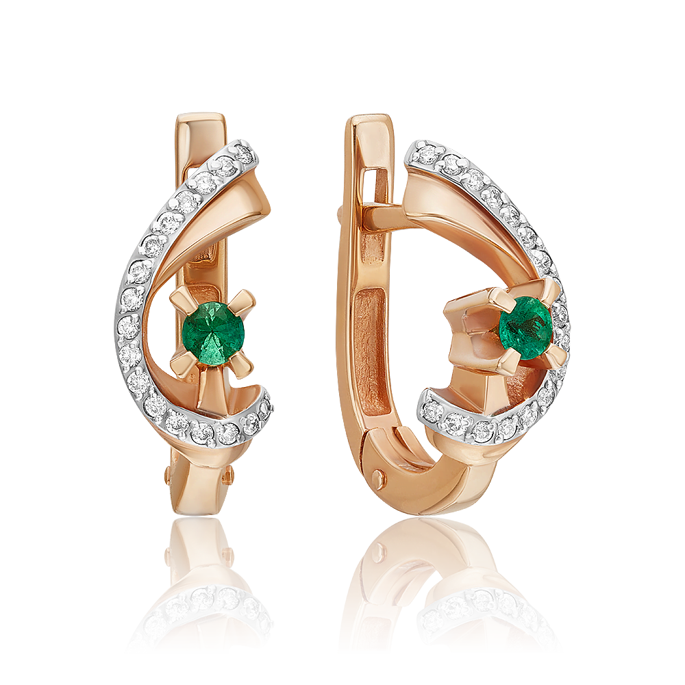 Серьги с английским замком из красного золота с изумрудом и бриллиантами 02-0031-00-106-1110-30