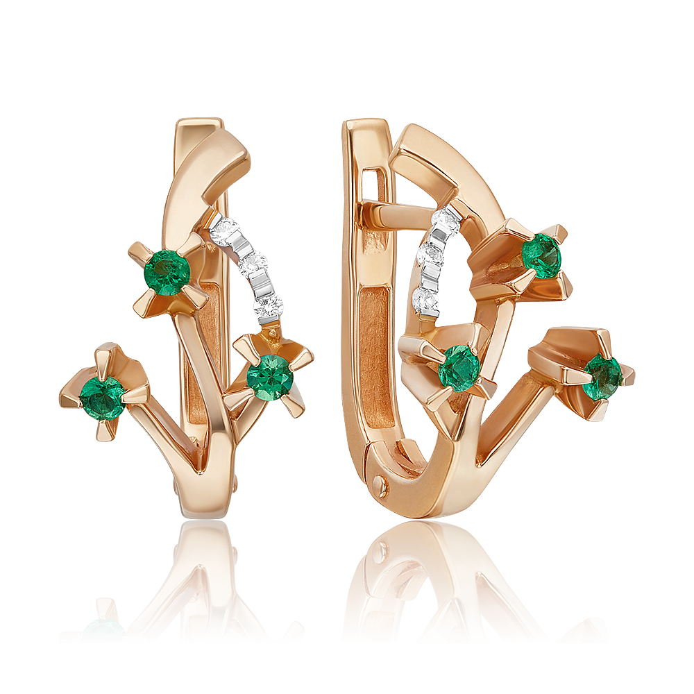 Серьги с английским замком из красного золота с изумрудами и бриллиантами 02-0037-00-106-1110-30