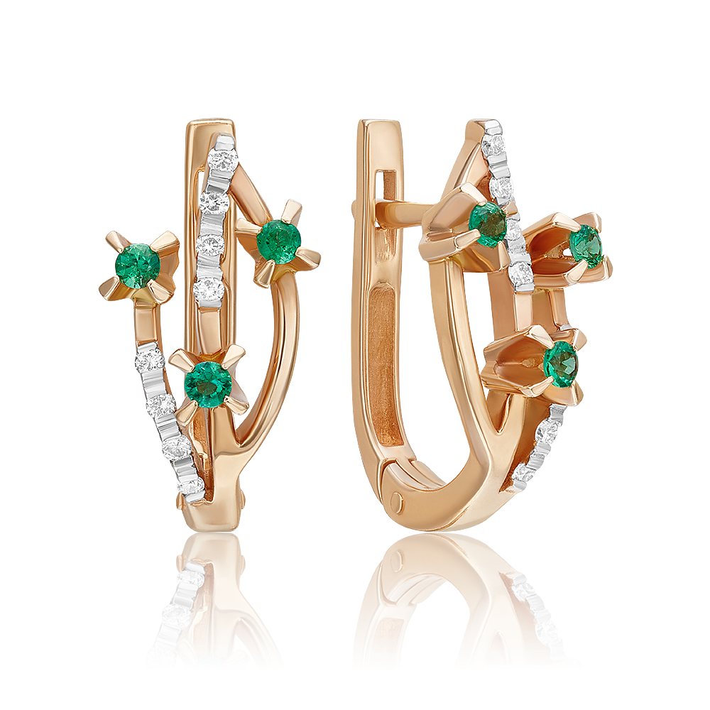 Серьги с английским замком из красного золота с изумрудами и бриллиантами 02-0039-00-106-1110-30
