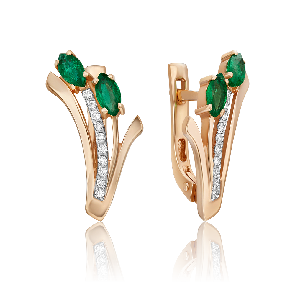 Серьги с английским замком из красного золота с изумрудами и бриллиантами 02-0067-00-106-1110-30