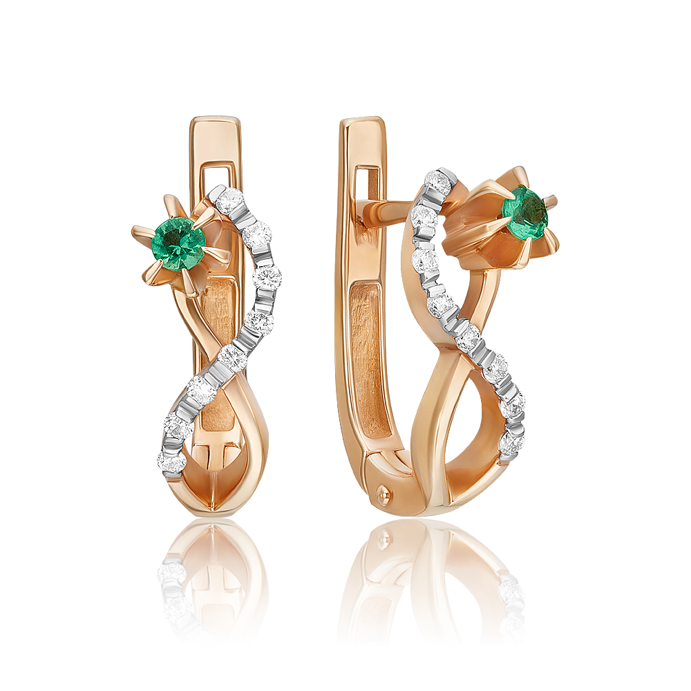 Серьги с английским замком из красного золота с изумрудом и бриллиантами 02-0073-00-106-1110-30