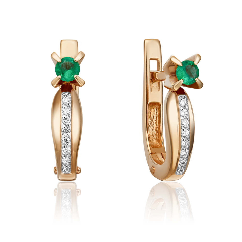 Серьги с английским замком из красного золота с изумрудом и бриллиантами 02-0077-00-106-1110-30