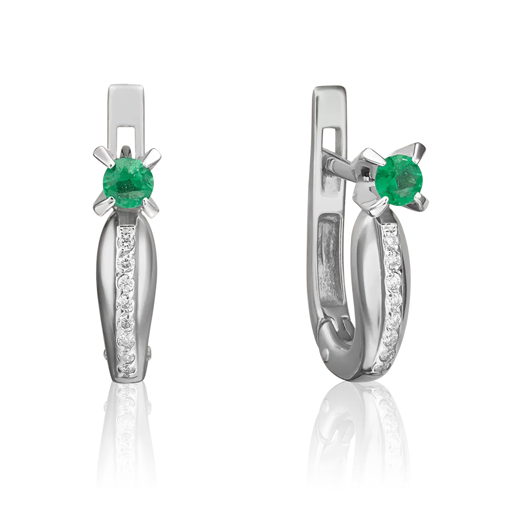Серьги с английским замком из белого золота с изумрудом и бриллиантами 02-0078-00-106-1120-30