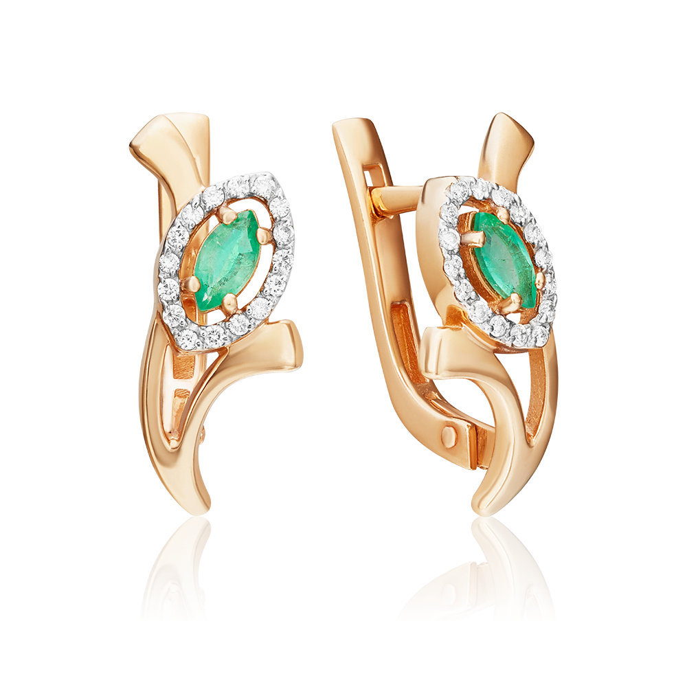 Серьги с английским замком из красного золота с изумрудом и бриллиантами 02-0085-00-106-1110-30