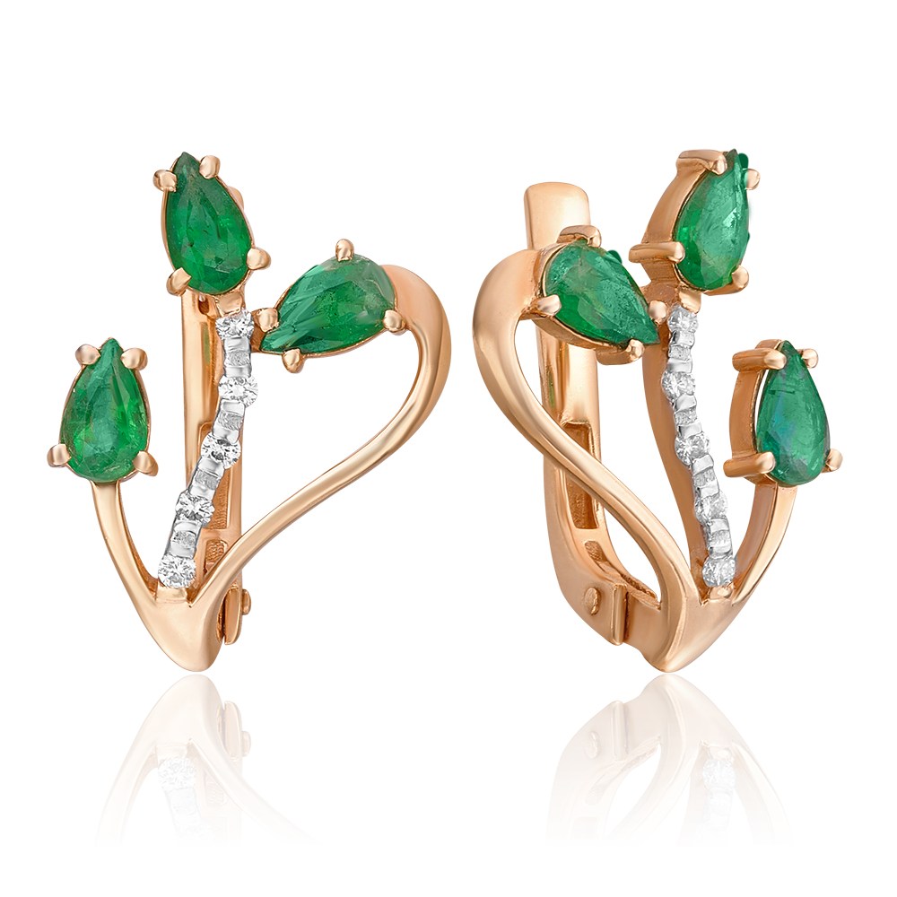 Серьги с английским замком из красного золота с изумрудами и бриллиантами 02-0087-00-106-1110-30
