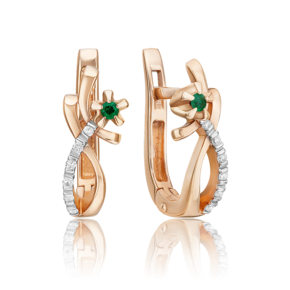 Серьги с английским замком из красного золота с изумрудом и бриллиантами