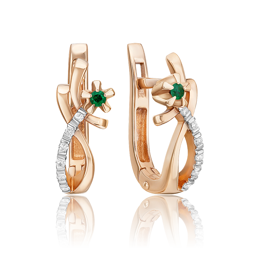 Серьги с английским замком из красного золота с изумрудом и бриллиантами 02-0091-00-106-1110-30