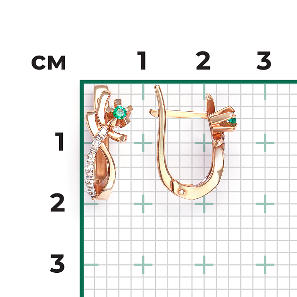 Серьги с английским замком из красного золота с изумрудом и бриллиантами 02-0091-00-106-1110-30