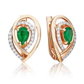 Серьги с английским замком из красного золота с изумрудом и бриллиантами