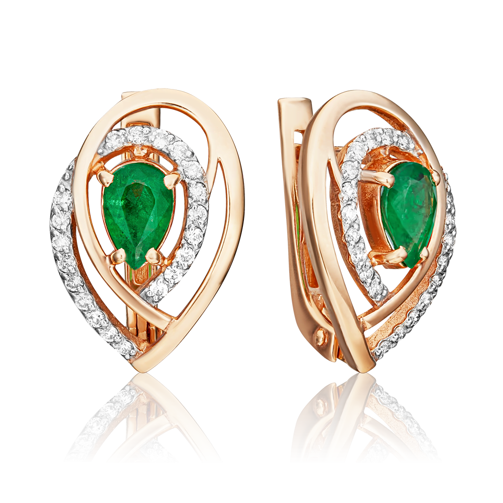 Серьги с английским замком из красного золота с изумрудом и бриллиантами 02-0100-00-106-1110-30