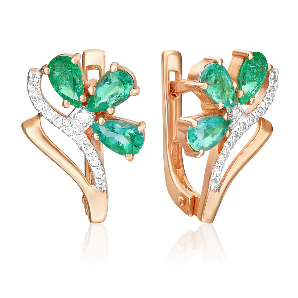 Серьги с английским замком из красного золота с изумрудами и бриллиантами 02-0102-00-106-1110-30