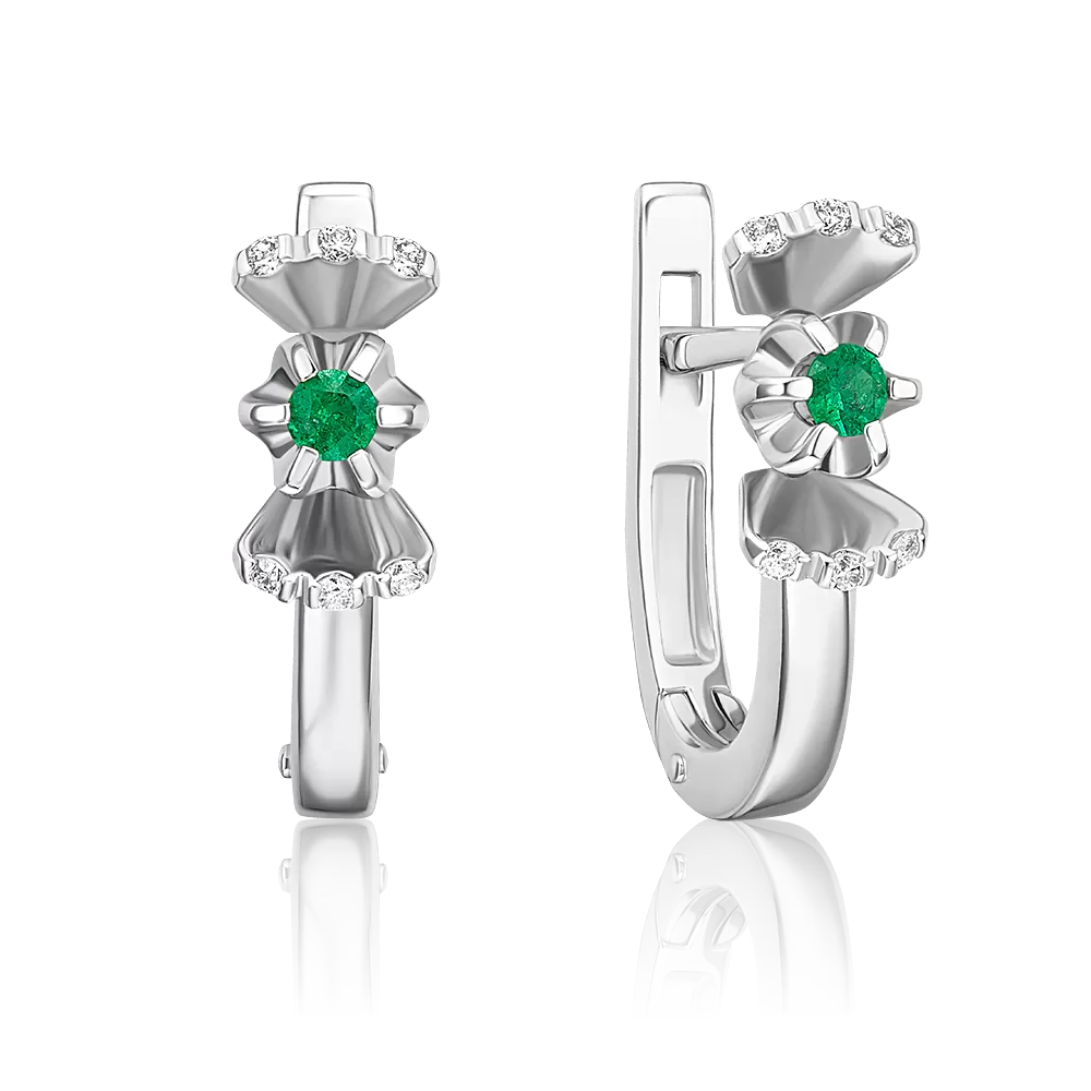 Серьги с английским замком из белого золота с изумрудом и бриллиантами 02-0105-00-106-1120-30