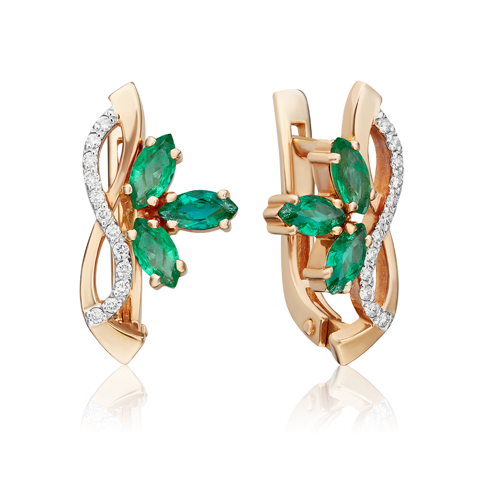Серьги с английским замком из красного золота с изумрудами и бриллиантами 02-0116-00-106-1110-30