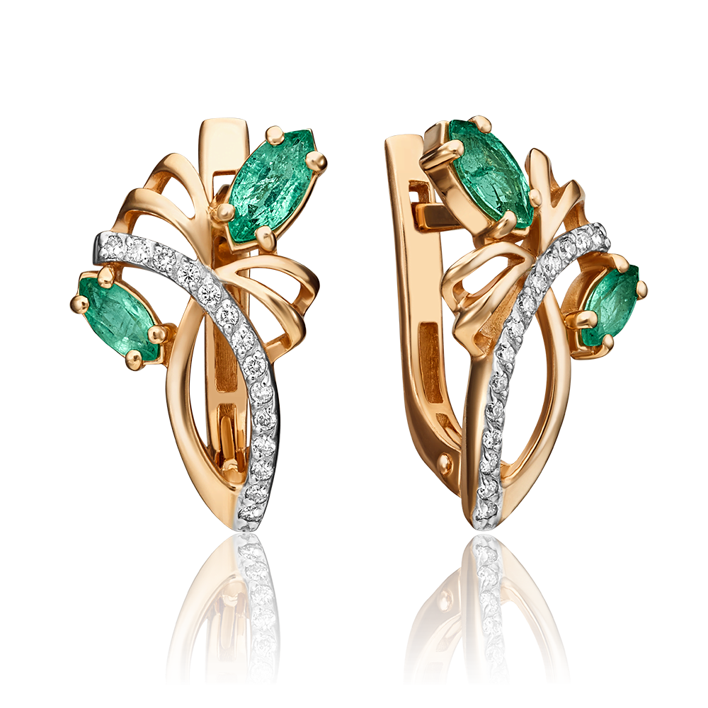 Серьги с английским замком из красного золота с изумрудами и бриллиантами 02-0131-00-106-1110-30