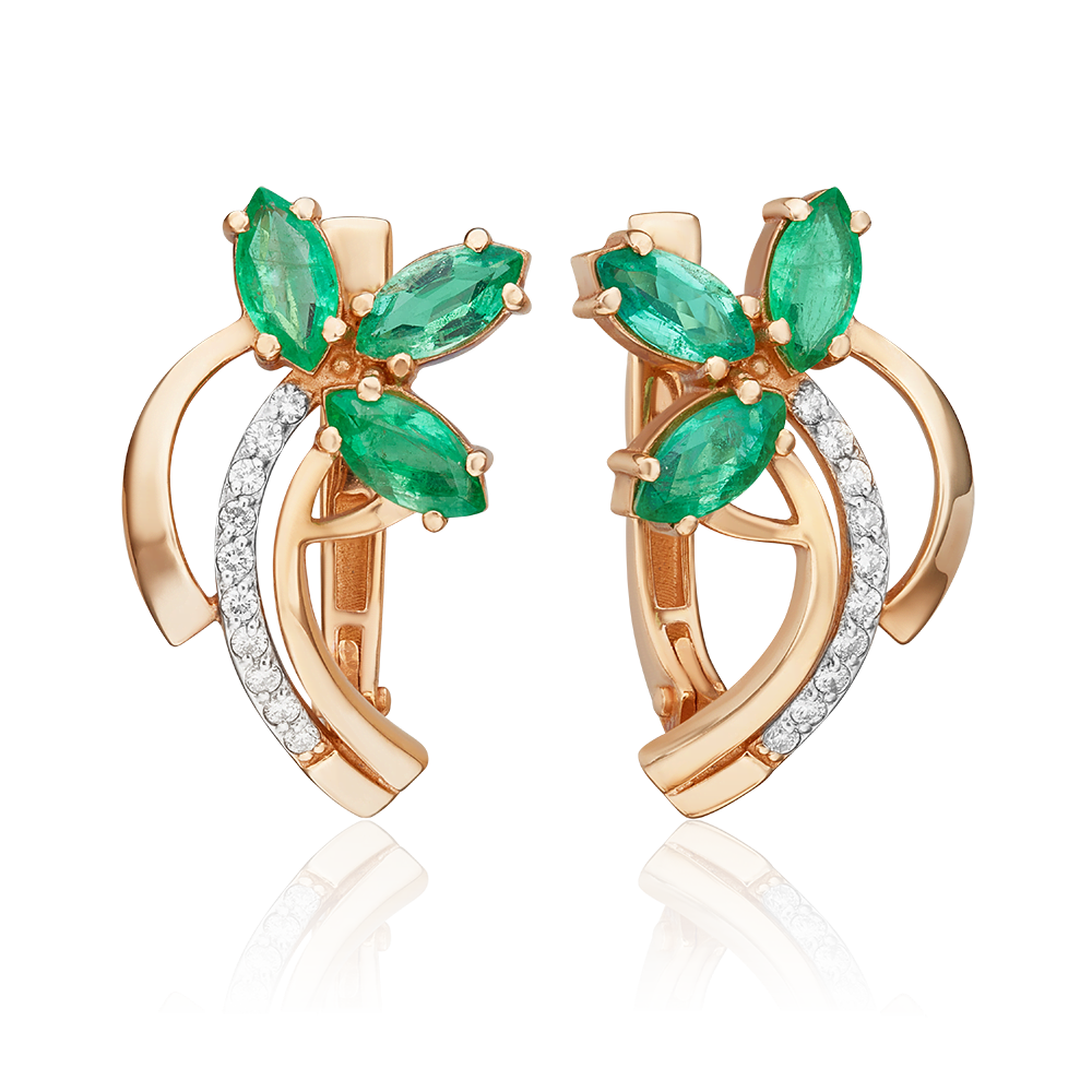 Серьги с английским замком из красного золота с изумрудами и бриллиантами 02-0138-00-106-1110-30