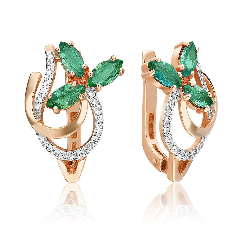 Серьги с английским замком из красного золота с изумрудами и бриллиантами 02-0140-00-106-1110-30