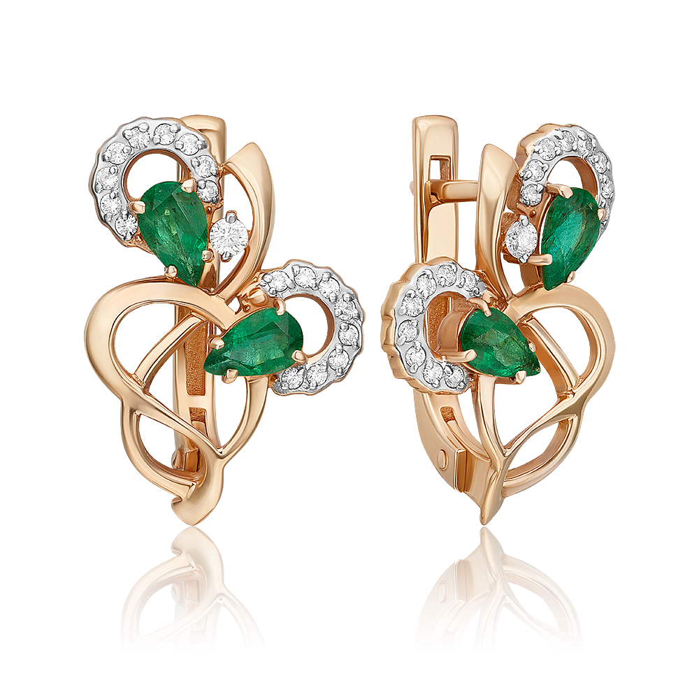 Серьги с английским замком из красного золота с изумрудами и бриллиантами 02-0150-00-106-1110-30