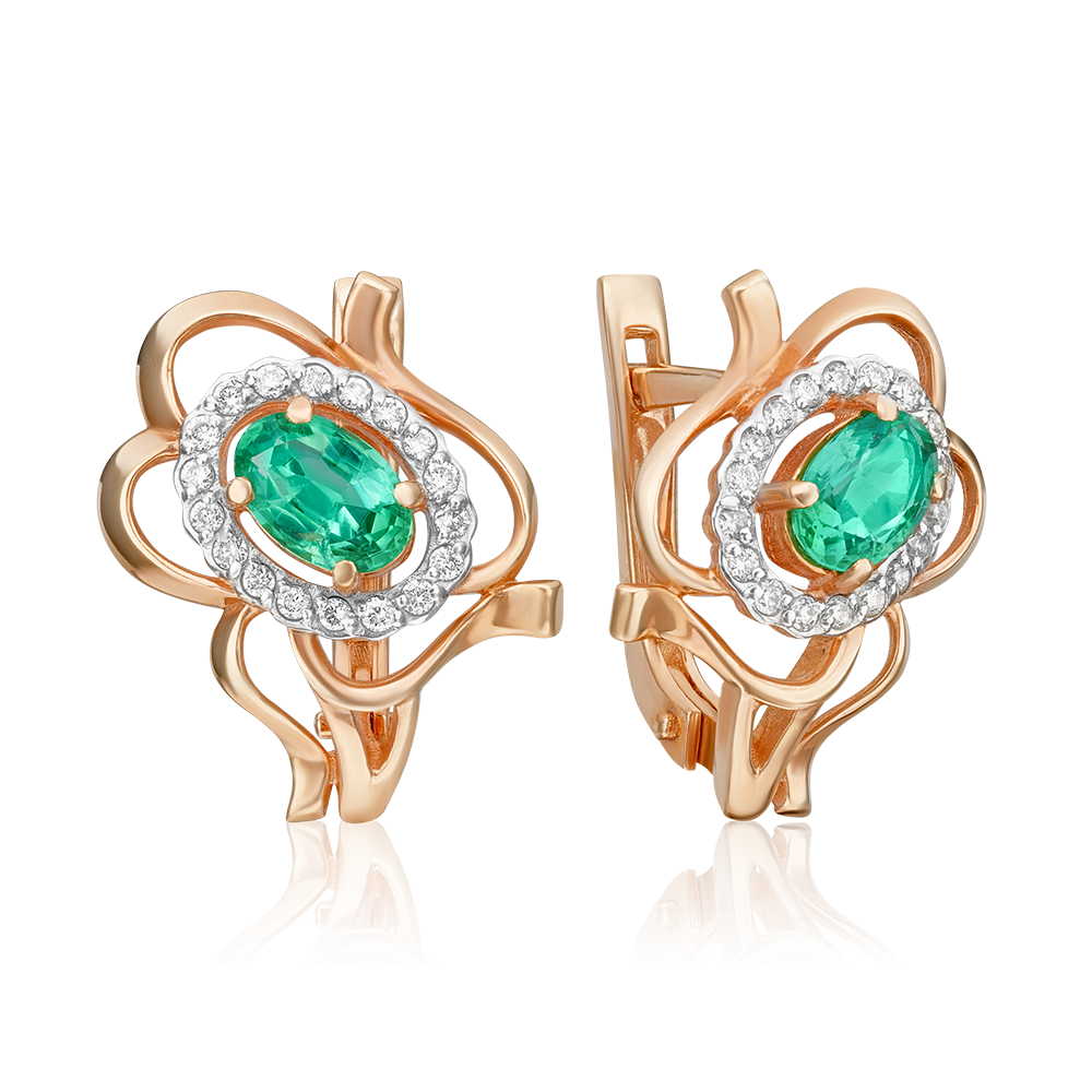 Серьги с английским замком из красного золота с изумрудом и бриллиантами 02-0160-00-106-1110-30