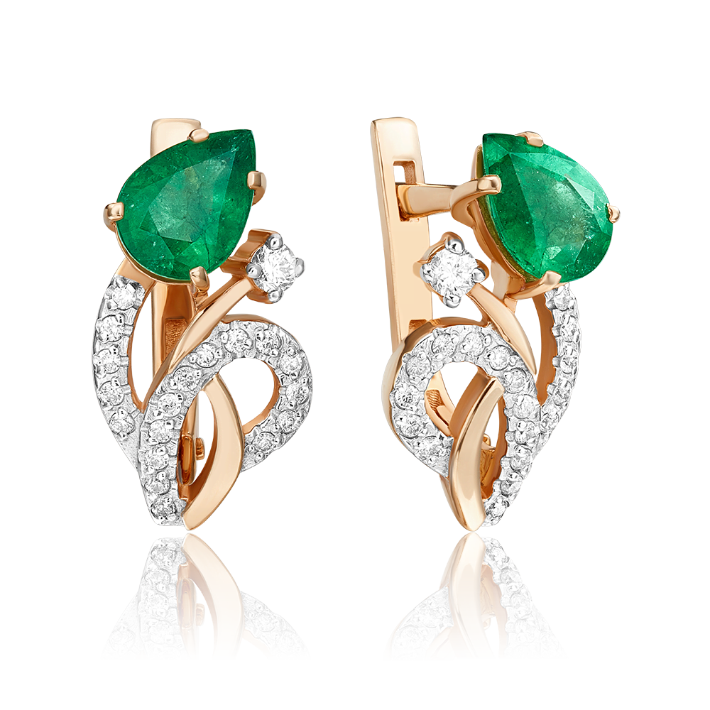Серьги с английским замком из красного золота с изумрудом и бриллиантами 02-0167-00-106-1110-30