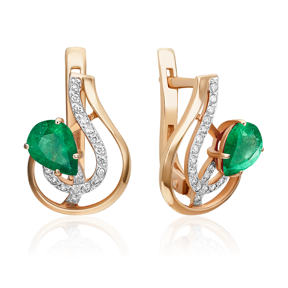 Серьги с английским замком из красного золота с изумрудом и бриллиантами 02-0169-00-106-1110-30