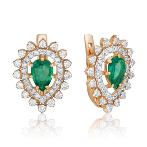 Серьги с английским замком из красного золота с изумрудом и бриллиантами