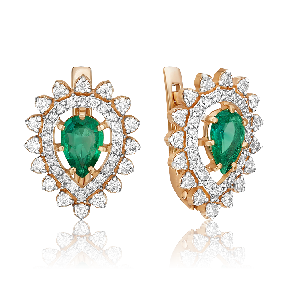 Серьги с английским замком из красного золота с изумрудом и бриллиантами 02-0171-00-106-1110-30