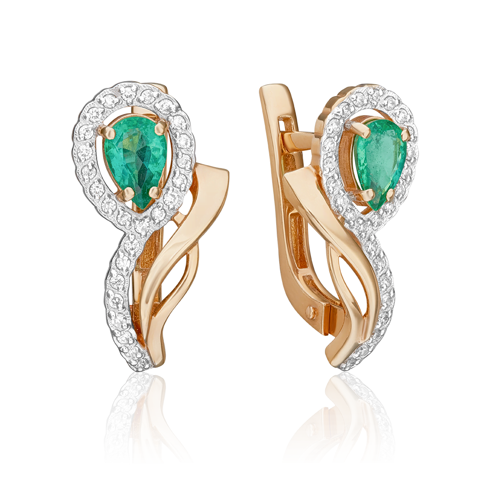 Серьги с английским замком из красного золота с изумрудом и бриллиантами 02-0173-00-106-1110-30