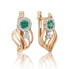 Серьги с английским замком из красного золота с изумрудом и бриллиантами 02-0177-00-106-1110-30