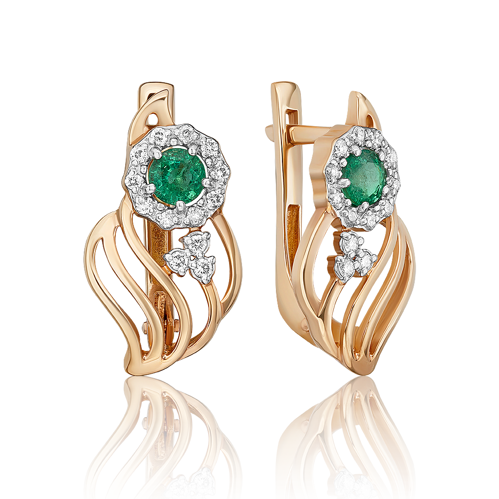 Серьги с английским замком из красного золота с изумрудом и бриллиантами 02-0177-00-106-1110-30