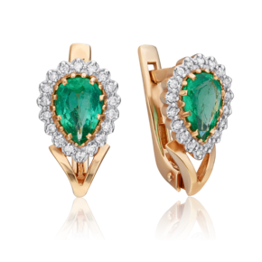 Серьги с английским замком из красного золота с изумрудом и бриллиантами