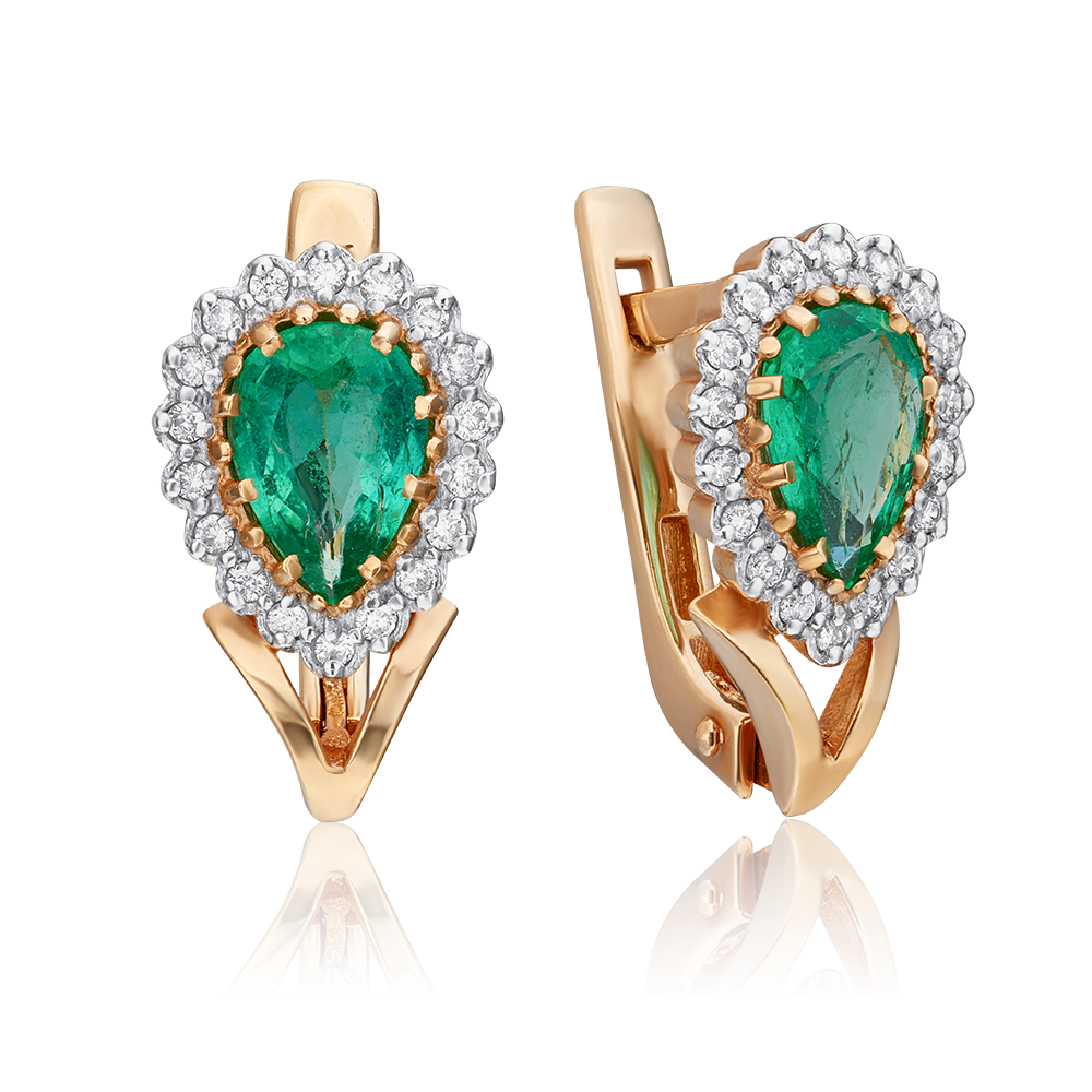 Серьги с английским замком из красного золота с изумрудом и бриллиантами 02-0189-00-106-1110-30
