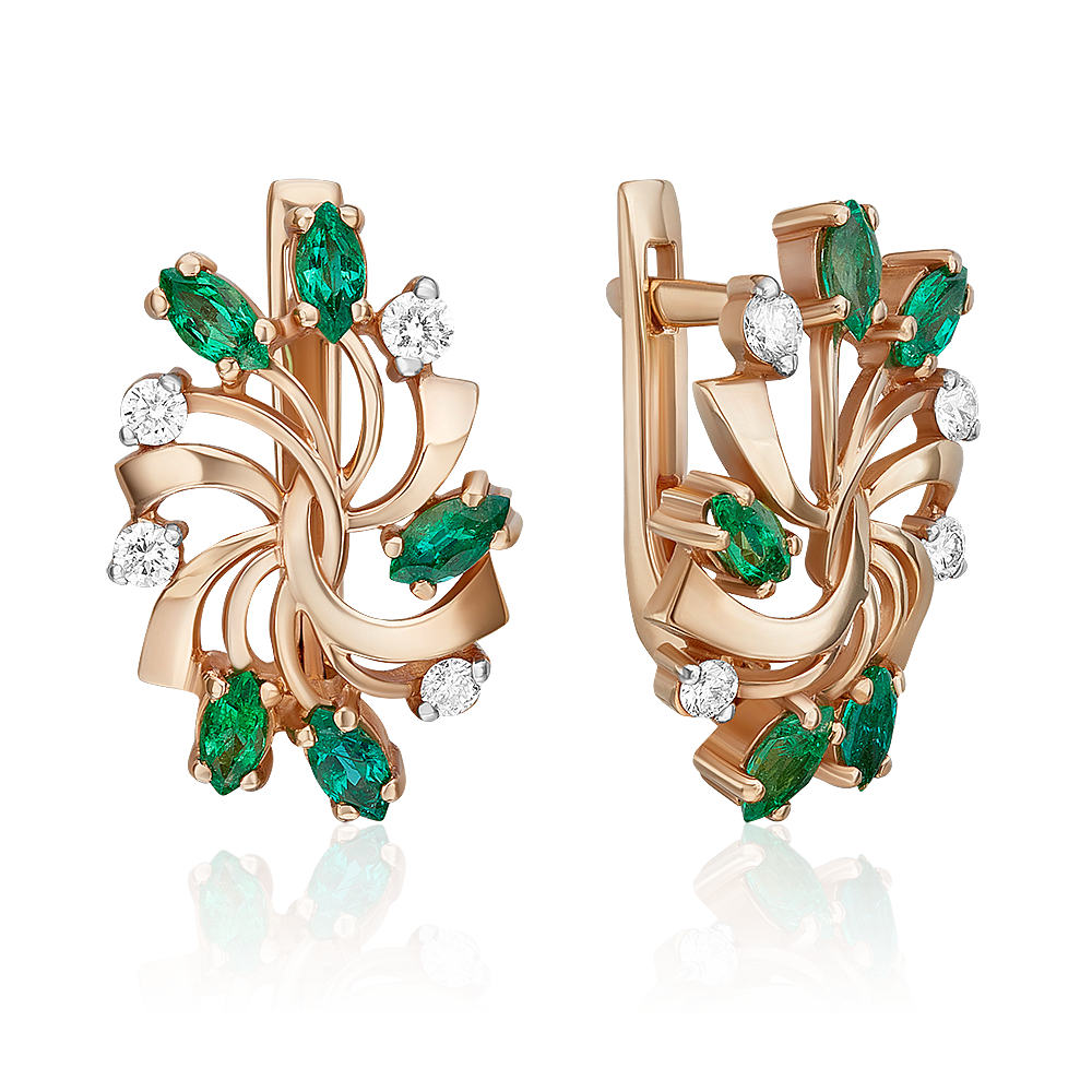 Серьги с английским замком из красного золота с изумрудами и бриллиантами 02-0195-00-106-1110-30