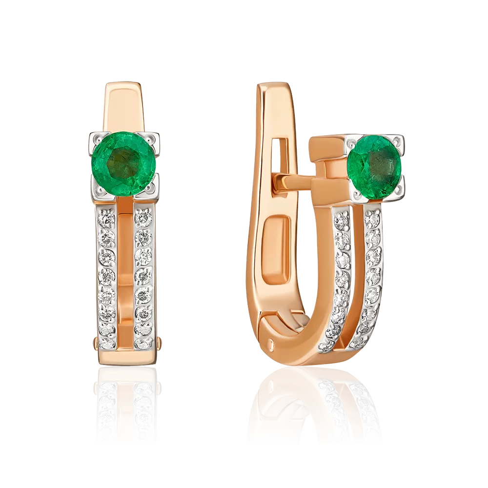 Серьги с английским замком из красного золота с изумрудом и бриллиантами 02-0199-00-106-1110-30