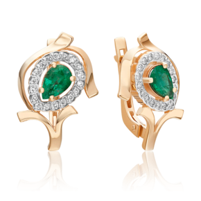 Серьги с английским замком из красного золота с изумрудом и бриллиантами 02-0211-00-106-1110-30