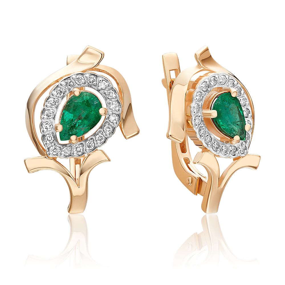Серьги с английским замком из красного золота с изумрудом и бриллиантами 02-0211-00-106-1110-30