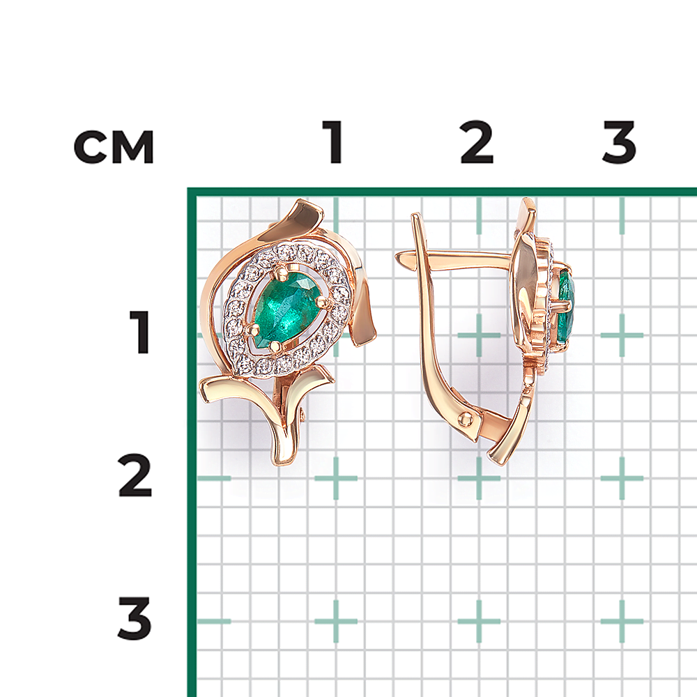 Серьги с английским замком из красного золота с изумрудом и бриллиантами 02-0211-00-106-1110-30