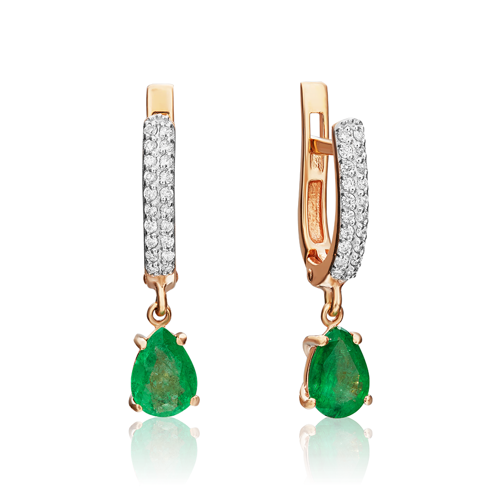 Серьги с английским замком из красного золота с изумрудом и бриллиантами 02-0213-00-106-1110-30