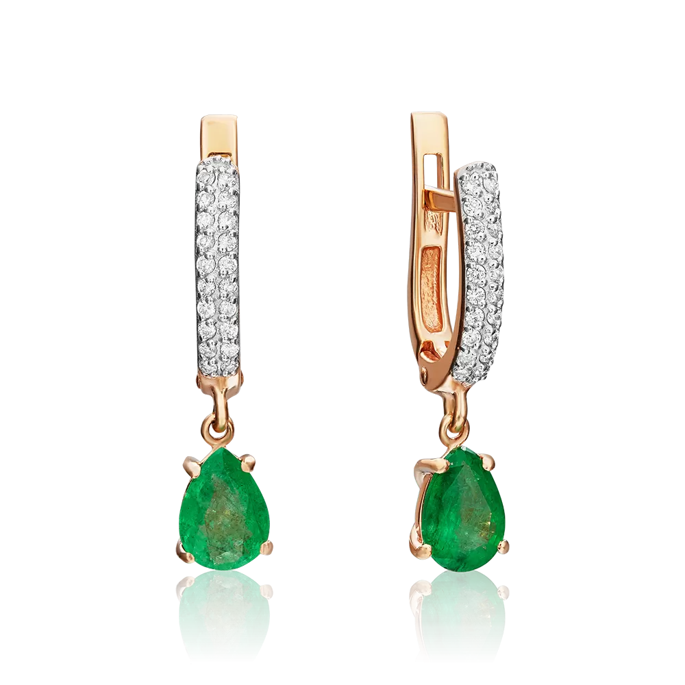 Серьги с английским замком из красного золота с изумрудом и бриллиантами 02-0213-00-106-1110-30