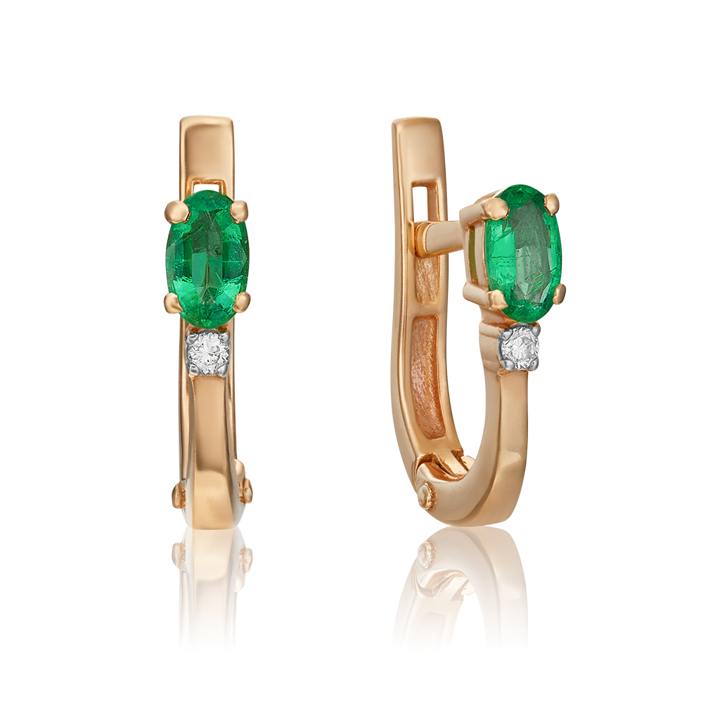 Серьги с английским замком из красного золота с изумрудом и бриллиантом 02-0231-00-106-1110-30