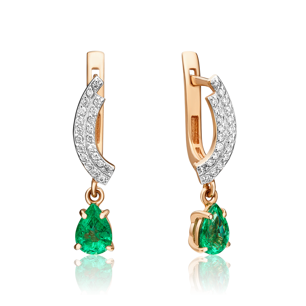 Серьги с английским замком из красного золота с изумрудом и бриллиантами 02-0233-00-106-1110-30