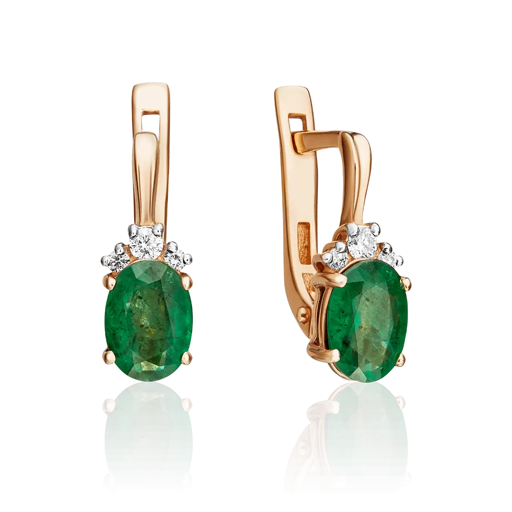 Серьги с английским замком из красного золота с изумрудом и бриллиантами 02-0269-00-106-1110-30