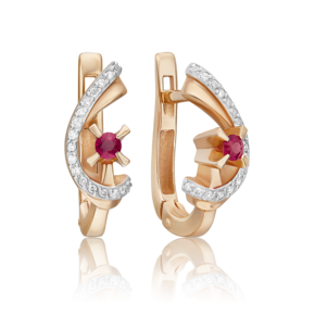 Серьги с английским замком из красного золота с рубином и бриллиантами