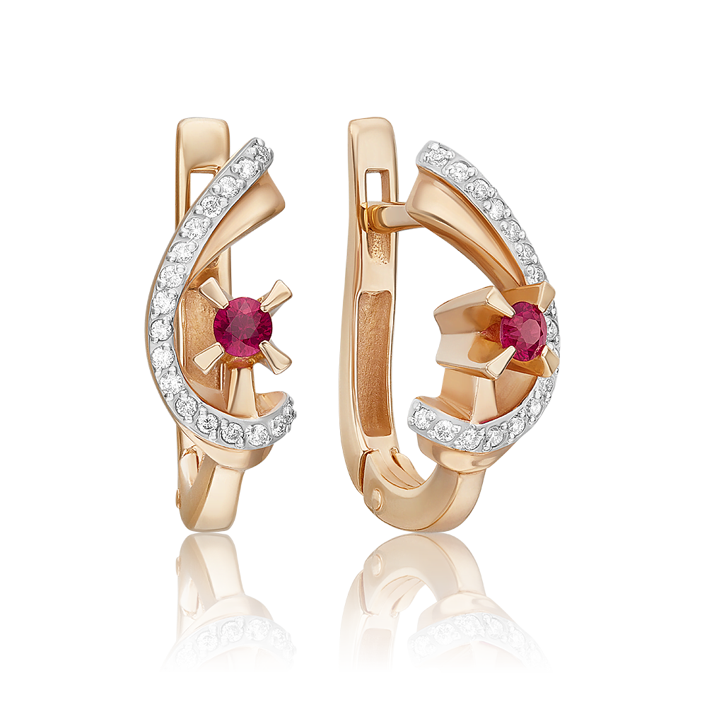Серьги с английским замком из красного золота с рубином и бриллиантами 02-0031-00-107-1110-30