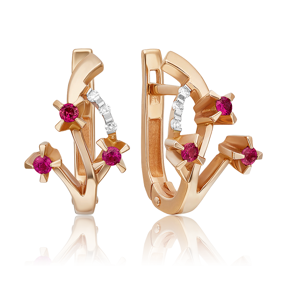 Серьги с английским замком из красного золота с рубинами и бриллиантами 02-0037-00-107-1110-30