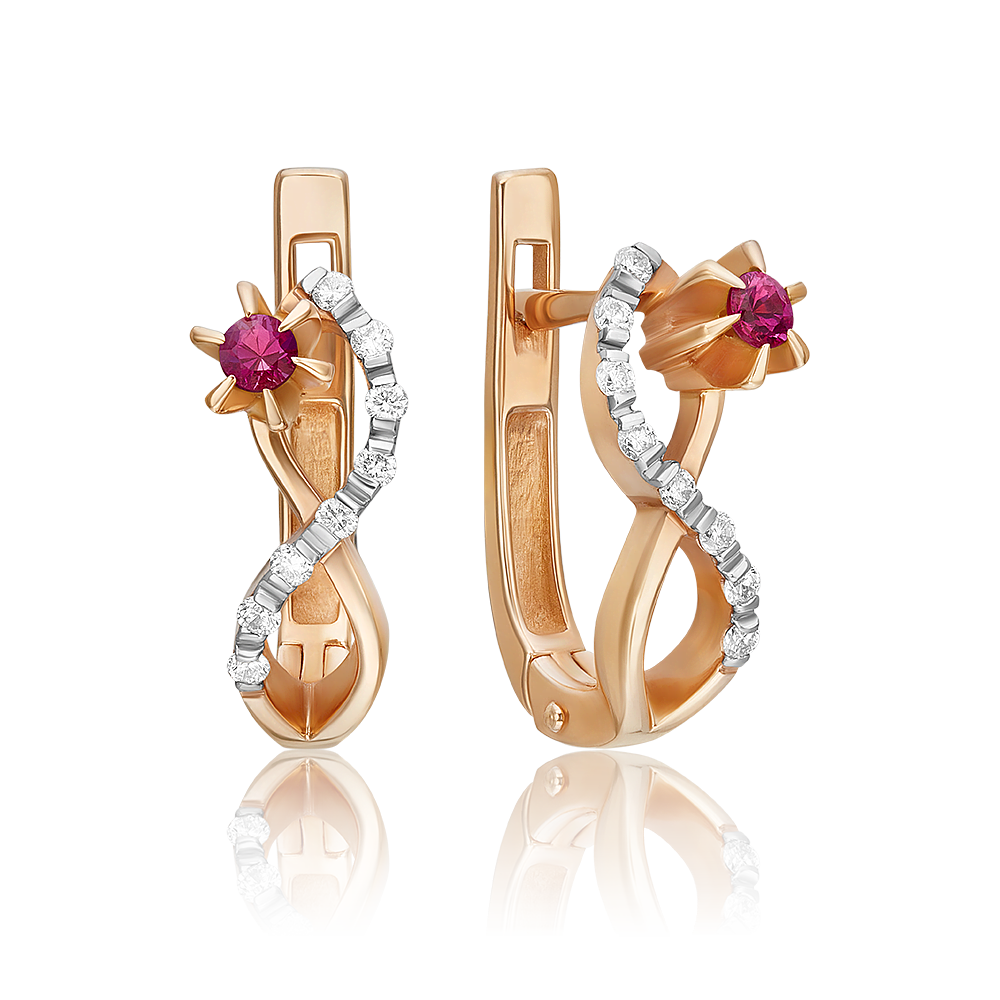 Серьги с английским замком из красного золота с рубином и бриллиантами 02-0073-00-107-1110-30