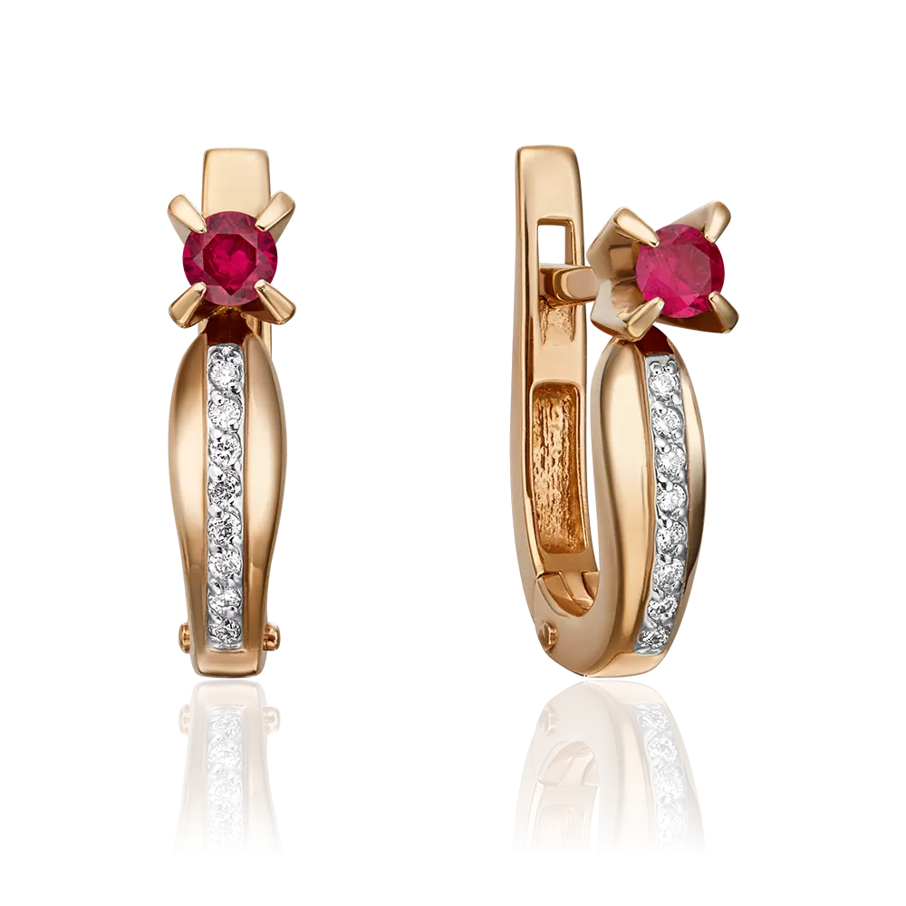 Серьги с английским замком из красного золота с рубином и бриллиантами 02-0077-00-107-1110-30