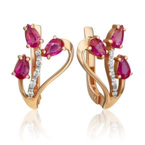 Серьги с английским замком из красного золота с рубинами и бриллиантами