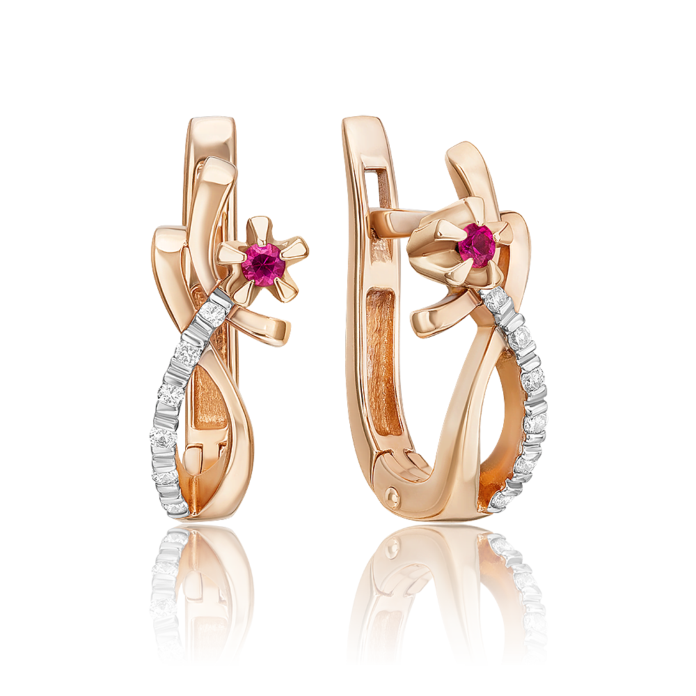 Серьги с английским замком из красного золота с рубином и бриллиантами 02-0091-00-107-1110-30